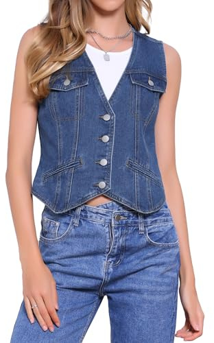 Allegra K Gilet en Jean Femme Col en V Boutonné Veste en Denim Sans Manches avec Poches Bleu foncé L