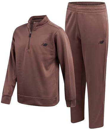 New Balance Boys Sweatpants Set - 2 Piece Tech Fleece Boys Quarter Zip Up Pullover and Jogger Pants Tracksuit Set (8-16), Size 16, New Brown