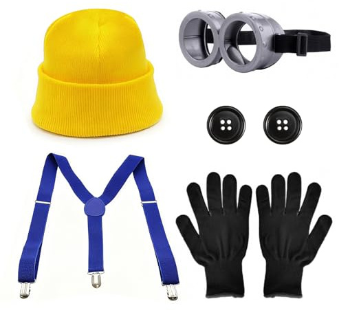 Sudnsadaks 5 Stück Gelbes Kostüm Set für Cosplay, Halloween Kostüme für Erwachsene Kinder, 1 Brille 1 Mütze Gelbe 1 Schwarze Handschuhe Set 1 Hosenträger 2 Knöpfe, Kostüm Zubehör Karneval Film Kostüm