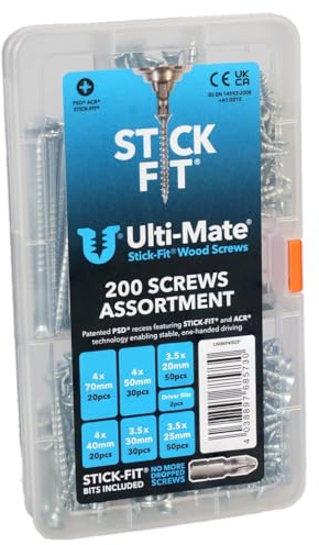 Ulti-Mate Stick-Fit Woodscrews - Mini Case Assortment - 200 pcs (Bright Zinc Plated)