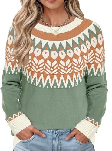 Rapbin Ladies Jumpers Crew Neck Casual Fairisle Christmas Sweaters Autumn Winter Lightweight Sweatshirt Womens Fashion Clothes Green L