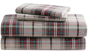 Eddie Bauer - Flannel Sheets Queen Size, Anti-Pilling & Wrinkle Resistant Cotton, Touchably Soft for All-Season Comfort - Bed Sheets with Matching Pillowcases & Fitted Sheet (Montlake Plaid Red)