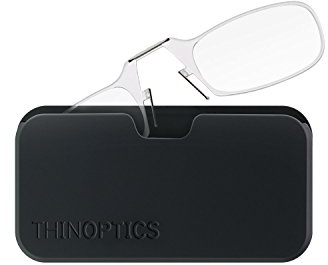 ThinOptics Reading Glasses 1.50 Clear Frames With Universal Pod Compact Case - Ultra-light Foldable Rectangular Glasses - Clip-on Nose - 1.50 Strength With Flex-Fit Technology