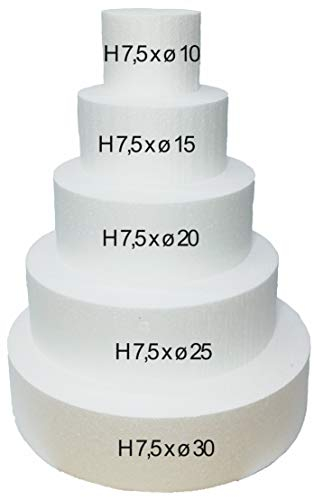 Party & Co. 5 x Basi Dischi in Polistirolo per Torta di Compleanno Bambini, Simile Rotondo, 7,5-Ø 30, 25, 20, 15, 10 cm