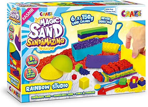 CRAZE MAGIC SAND Sandamazing Rainbow Studio | Magischer Sand Kreativ Set für Kinder , 780g Knetsand mit 11 Sandwerkzeuge und Formen , Blau, Gelb, Rot Orange, Lila, Grün