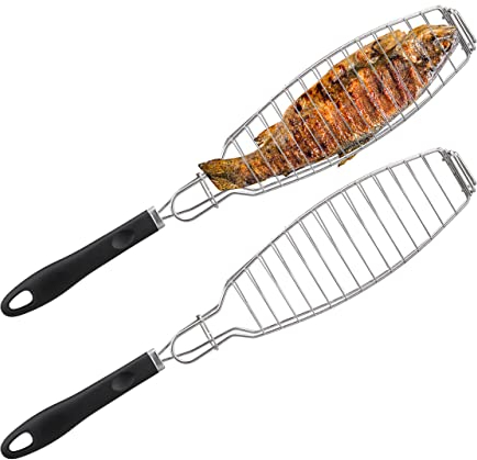 Relaxdays Fischbräter 2er Set, Edelstahl, Gummigriff, 58,5 cm lang, Fischhalter zum Grillen, Grillkorb Fisch, Silber