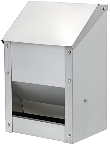 MUALROUS 4.5Kg Futterautomat Hühner Edelstahl Hühnerfutterspender Kein Abfall Automatischer Geflügelfutterspender mit Deckel Wetterfest Wandhalterung Trog Hühnerstall Futterspender