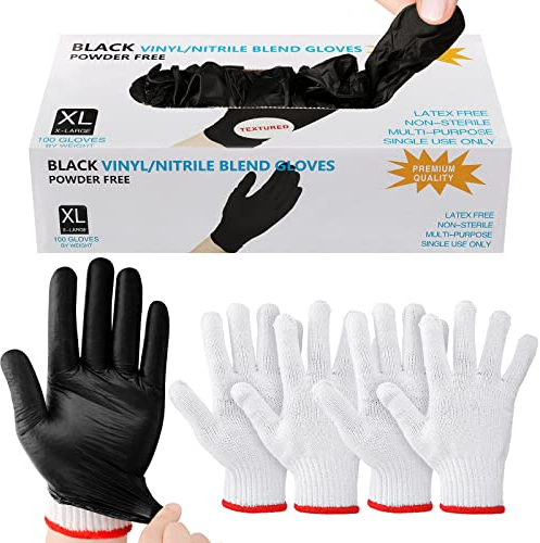 Juego de 100 guantes de parrilla desechables con 2 pares de forros de algodón, guantes de cocina, guantes de nitrilo sin látex, para asar al aire libre, barbacoa
