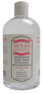 Oak & Sage Homeopathic Facial Toner Witch Hazel with Rose Petals - Unscented - 12oz Astringent, 100% Pure, No Alcohol, No Additives