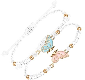 MJartoria BFF Bracelets for 2-Butterfly Matching Bracelets Adjustable Strand Best Friends Bracelet Handmade Charm Friendship Bracelets Jewelry Gifts for Women Couples (White-Gold)