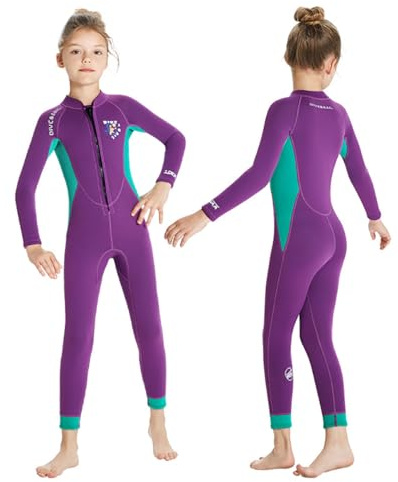 LEIDIMUS Traje de Neopreno para Niñas, Trajes de Neopreno de 2,5mm para Niños, Cremallera Frontal y Mangas Largas para el Calor en Agua Fría al Nadar, Bucear, Surfear y Hacer Snorkel,Púrpura,L