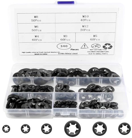 NVIYAM 340 Pièces Acier 65Manganèse Rondelles de Blocage Rondelles Metal de Blocage M3 M4 M5 M6 M8 M10 M12 Rondelles Stalock Rapide Pousser Fixations Assortment Kit Rondelles Autobloquante, Noir