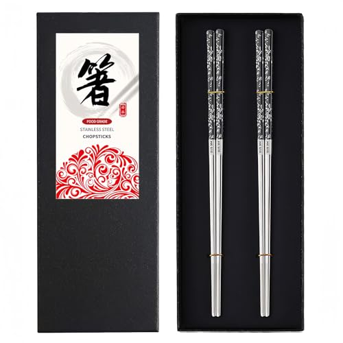 DONGDA 2 Paia Bacchette Set, Riutilizzabili in Acciaio Inox, Sushi Metallo Lavabili in Lavastoviglie Antiscivolo Chopsticks per Ristoranti Famiglie