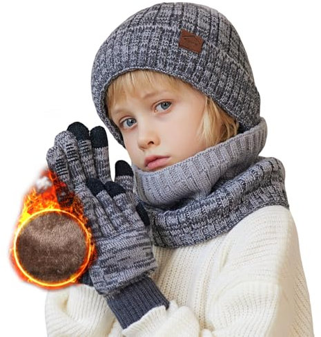 TMEOG Wintermütze Kinder Set - Strickmütze, Loop Schal Mit Fleece Futter, Touchscreen Handschuhe für Jungen Mädchen 4-10 Jahre (Grau)