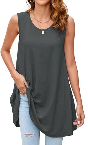 Enmain Camiseta Sin Mangas Mujer Talla Grande Túnica Mujer Sin Mangas Verano Tops Blusas Larga Camisa Cuello Redondo Casual Cómoda Gris Oscuro 2XL