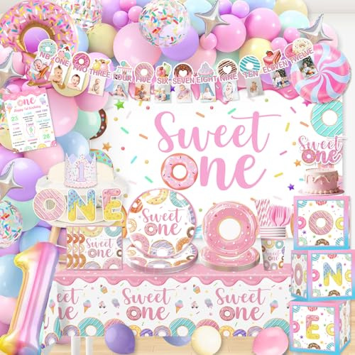 252pcs All-In-One Sweet One Birthday Party Decorations Set Include Sweet One Balloon Arch Tableware Balloon Box High Chair Banner Backdrop, etc. for 1st Birthday Decorations Girl, Serves 20