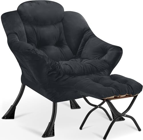 Buymoth Armchair Living Room Comfy Armchair Reading Chair with Footstool Lazy Accent Chairs Bedroom Cuddle Chairs, for Living Room Bedroom Study Room Office, Black