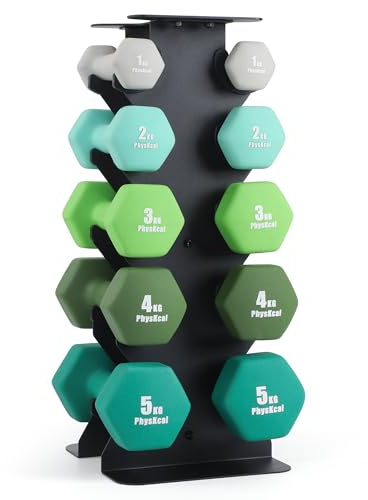 PhysKcal 30kg Dumbbells Set of 5 Pairs, 1kg, 2kg, 3kg, 4kg, 5kg Dumbbells Weights Set with Steel Rack, Hand Weights with Storage Rack