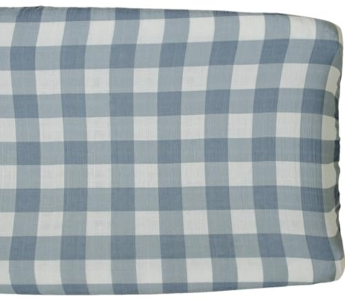 Mebie Baby Changing Pad Cover, Dusty Blue Gingham, 100% Muslin Cotton Changing Table Pad Cover for Boy and Girl, Designer Nursery Decor Covers, Diaper Changing Pad Cover for Changing Station
