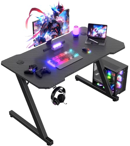 JUMMICO 100x50cm Gaming Desk, Carbon Fiber Surface, Headset Holder & 2 Cable Management Holes, Black Metal Frame Computer Table