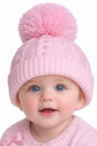 SOHOBABY Sustainable Knitted Baby Bobble Hat – Newborn Essentials Winter Hat for Baby Boys & Girls (0–12 Months and 12-24 Months) (UK, Age, 12 Months, 24 Months, Pink)