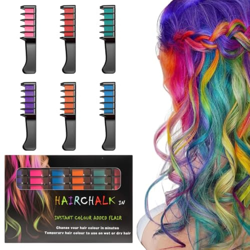 YUVKIN 6 Colores Lavables Tiza Temporal para el Cabello, Peine de Tizas para Niñas, Set de Tinte Instantáneo, Regalo para Fiesta, Carnaval, Halloween