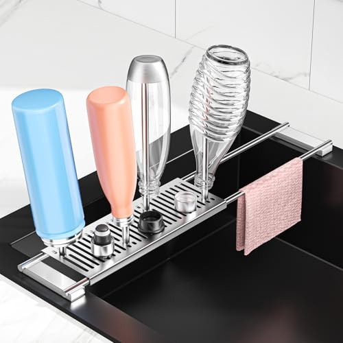 Portasciugamani e bottiglie, scolapiatti regolabile, porta strofinacci e portabottiglie per biberon e bicchieri, organizer in metallo per scolapiatti e conservare (argento)
