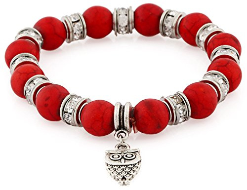 Morella Pulsera elástica de Perlas de Piedra con Colgante Lechuza y Piedras de circonita, Color Rojo, para Damas