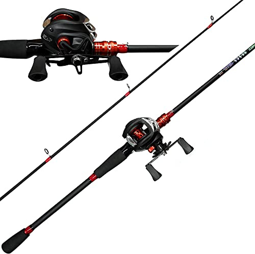 Kilitn Canne à pêche et Moulinet, Baitcasting Combo Baitcast Reel, 1,8 m 2,1 m 2 pièces en Fibre de Verre Durable enveloppée de Fibre de Carbone avec poignée Confortable en EVA (Droit, 1.8)