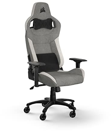Corsair T3 RUSH Fabric (2023) Gaming Sessel - Inspiriert vom Automobilsport - Bezug aus weichem Stoff - Abnehmbares Nackenkissen und Lendenwirbelstütze aus Memory-Schaum - Grau und Weiß