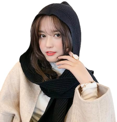 Topwon Women Winter Hooded Hat with Scarf Attached Crochet Knit Shawl Pullover Neckwarmer (Black)