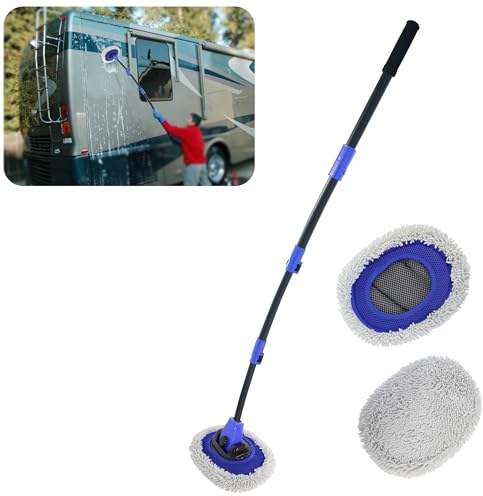 Upgrade Car Wash Brush with Long Handle, EAFC Microfiber Car Wash Mop with 2 Replaceable Chenille Brush Head, Soft Cleaning Brush 15° Curved Extension Pole Car Wash Kit for RV Truck Camper, Blue