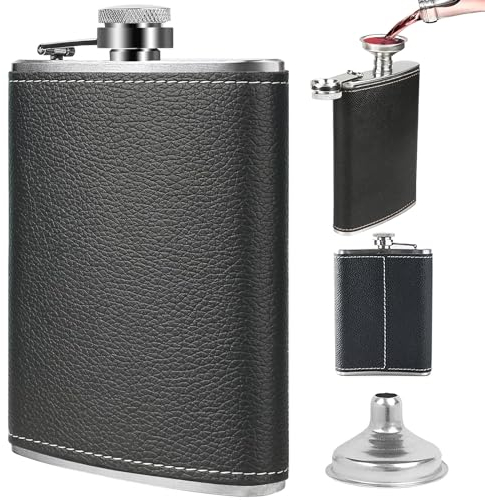 Mikqky Petaca De Bolsillo De Acero Inoxidable Negra, Petaca De Cuero con Embudo, Frasco De Cadera De 8 Onzas, Petacas De Alcohol, Whisky Portátil Flask, Para Viajes, Montañismo, 3,7 x 4,8 Pulgadas