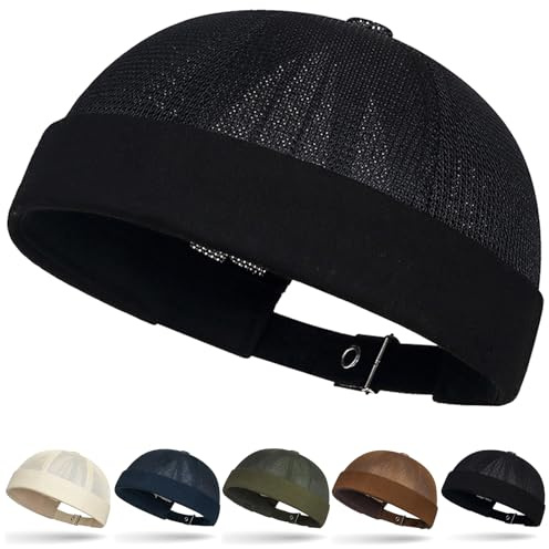 Initlove Docker Hat for Mens Mesh Beanie Cap Breathable Brimless Sailor Hat Black