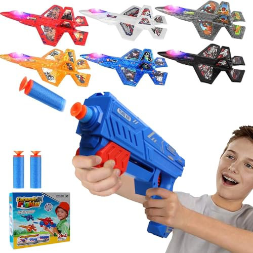 OBEST 3 in 1 Katapult Flugzeug Spielzeug,6 Stück styroporflieger Kinder mit Launcher Pistole,Throwing Gliders with Catapult Gun,mit farbigen Lichtern und Schaumstoffgeschosse,wurfgleiter styropor