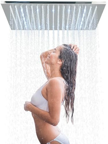 JUNSHENG Soffione a Pioggia Quadrato da 16”, Soffione Placcato, Soffione a Pioggia Fisso con LED (40cmX40cm) con Ugello a Scala Impermeabile