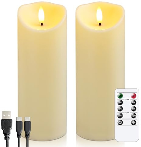 Yeelida Velas LED de plástico recargables sin llama con mando a distancia y Temporizador, Paquete de 2 velas parpadeantes con cable de carga, 60 h de larga duración (marfil, 7,5 cm x 20 cm)