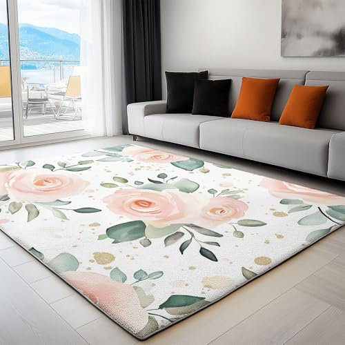 Teppich Kurzflor Wohnzimmer 140 x 200 cm Rosa, Waschbar rutschfest, Aquarell Blumen Rosen Design, Pflegeleicht und Weich, Ideal für Schlafzimmer, Esszimer und als Küchenteppich
