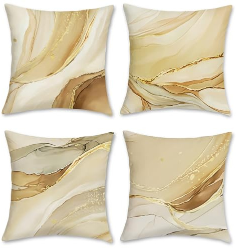 Bonhause Federe per Cuscini Marmo Moderno 45 x 45 cm Arancione Marrone Oro Astratto Decorativo per Divano Letto Casa Giardino Terrazza Set di 4