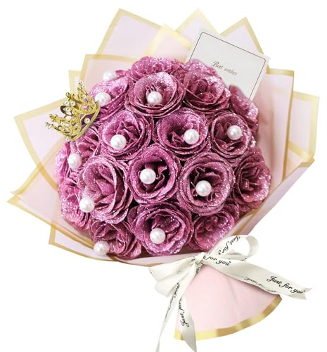 24 bouquet di rose rosa glitterate, kit fai da te con 12 finte perle di carta da regalo, biglietti per regali di San Valentino, anniversario, compleanno, matrimonio, lauree