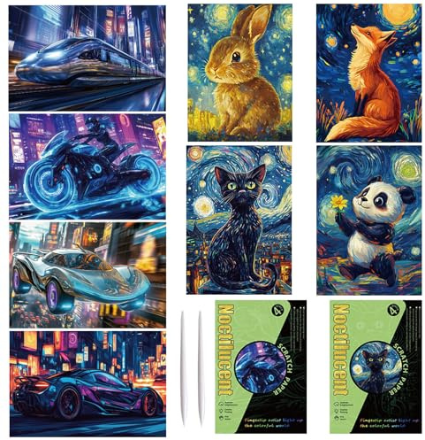 Georgie Porgy Scratch Picture Set DIY Craft Kits for Children & Adults: Magic Rainbow Scratch Paper (A5 Glow-in-the-Dark Cute Animals + Racing Car)