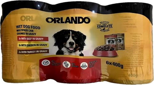 Orlando Wet Dog Food Multipack - 6x400g Cans - Chunks in Gravy - 2x each Beef, Chicken, Turkey - Complete Balanced Meals