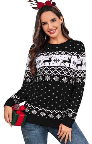 Aottori Jersey Navidad Mujer Cuello Redondo Suéter Punto Invierno Cálido Renos Copos Nieve Elegante Pullover Knitwear Festivo Moda Negro M