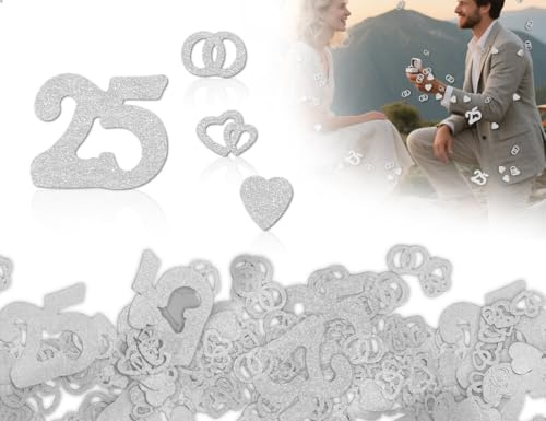 AOYEGIC 103 Pezzi Decorazioni per Anniversario di Nozze d'Argento,Coriandoli Glitterati Argento con Numero 25,Anelli e Motivi a Cuore,Decorazioni Sparse per Matrimoni,25° Anniversario,Compleanno