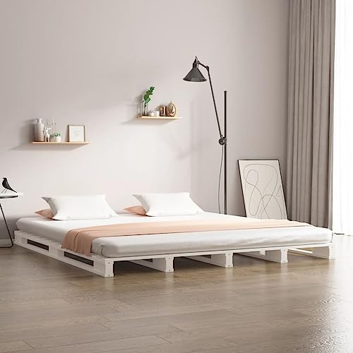 Teenpull White Solid Pine Wood Pallet Bed Frame, 160x200 cm, Low Profile Platform Design for Modern Bedrooms, Sturdy Construction, Easy Assembly