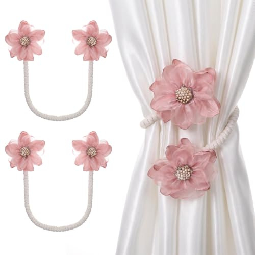 Shimmeroo 2 Pack Flower Tie Backs for Curtains Pink Premium Fabric | No Drill Curtain Holdbacks for Drapes, Premium Fabric Decorative Curtain Tie Backs for Home Living Room Bedroom Nursery
