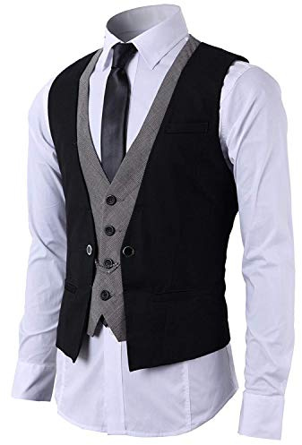 STTLZMC Gilet Uomo Slim Fit Elegante Casual Smanicato Scollo a V Panciotto Matrimonio Corpetto 2in1 Blazer(Niente Camicia),Nero,XXX-Large