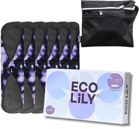 Eco Lily 6 Pack Slipeinlagen Waschbar Damenbinden mit Bambuskohle | Wiederverwendbare, wasserdichte, saugfähige Menstruationspads | Starke Perioden | Bonus Aufbewahrungstasche