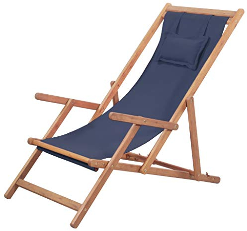 Tidyard Strandstuhl mit Armlehne, Klappbar, Blau, aus Holzrahmen + Stoff, Campingstuhl Holz-Liegestuhl, Gartenliege, Garten Terrasse Balkon