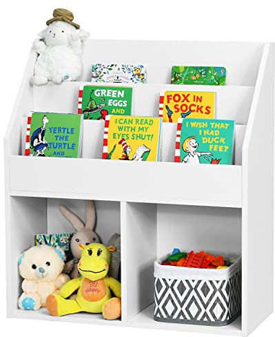GYMAX Toys Storage Shelf, Wooden Kids Bookshelf with 3 Tiers Shelves and 2 Compartments, White Children Bookcase for Playroom Bedroom